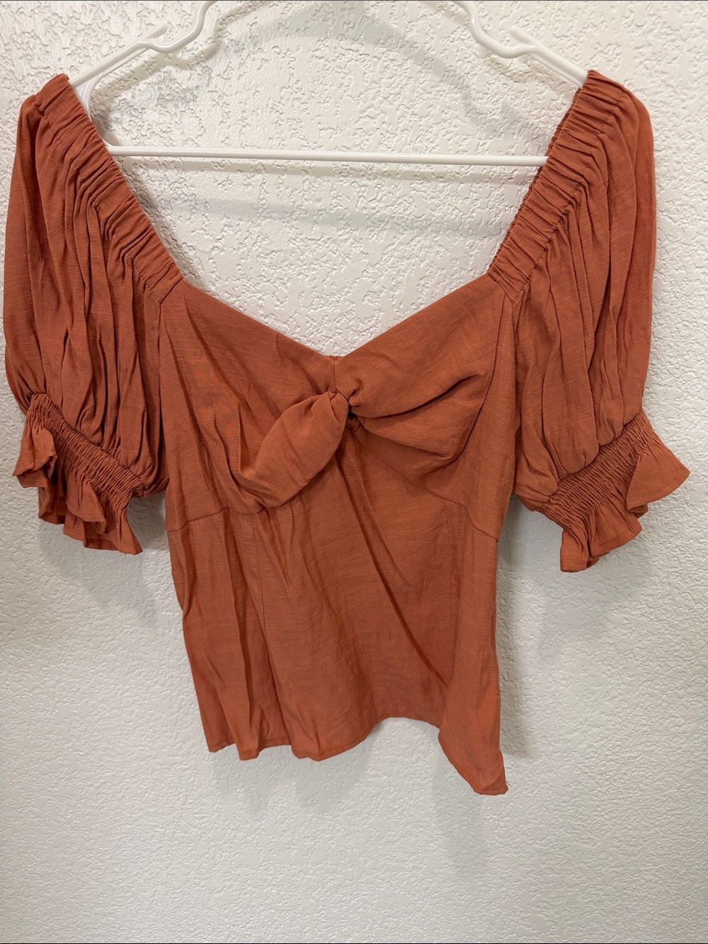 Nine West Rust Tie-Front Puff Sleeve Top